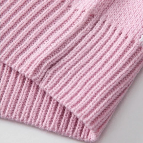 Pink Checkered Bubble Sleeved Crew Neck Knit Sweater - Picture 7 of 11